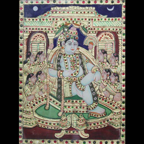 Lord Krishna sitting with Gopikas tanjore painting
