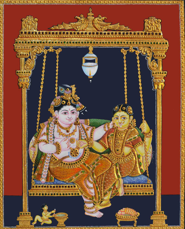 Radha Krishna on Wooden Jhula Tanjore Painting