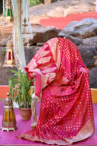 Red Handloom Banarasi Silk Saree with Colorful Resham