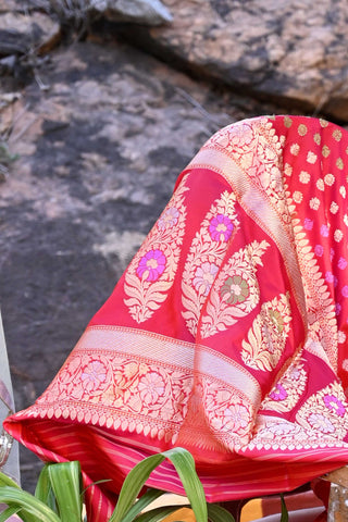 Red Handloom Banarasi Silk Saree with Colorful Resham