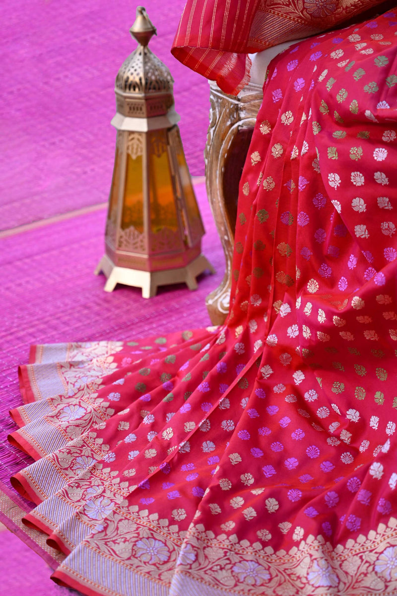 Red Handloom Banarasi Silk Saree with Colorful Resham
